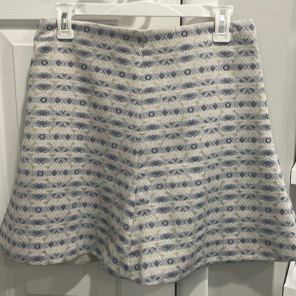 J Crew off white, blue, and gold embroidered A-line skirt